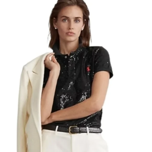 Ralph Lauren Black Sequin Short Sleeve Polo Women's - Picture 3 of 13